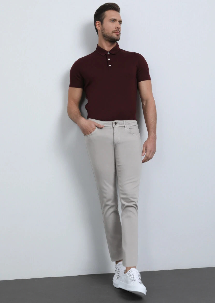 Bej Düz Dokuma Slim Fit Casual Pamuk Karışımlı Pantolon - 4