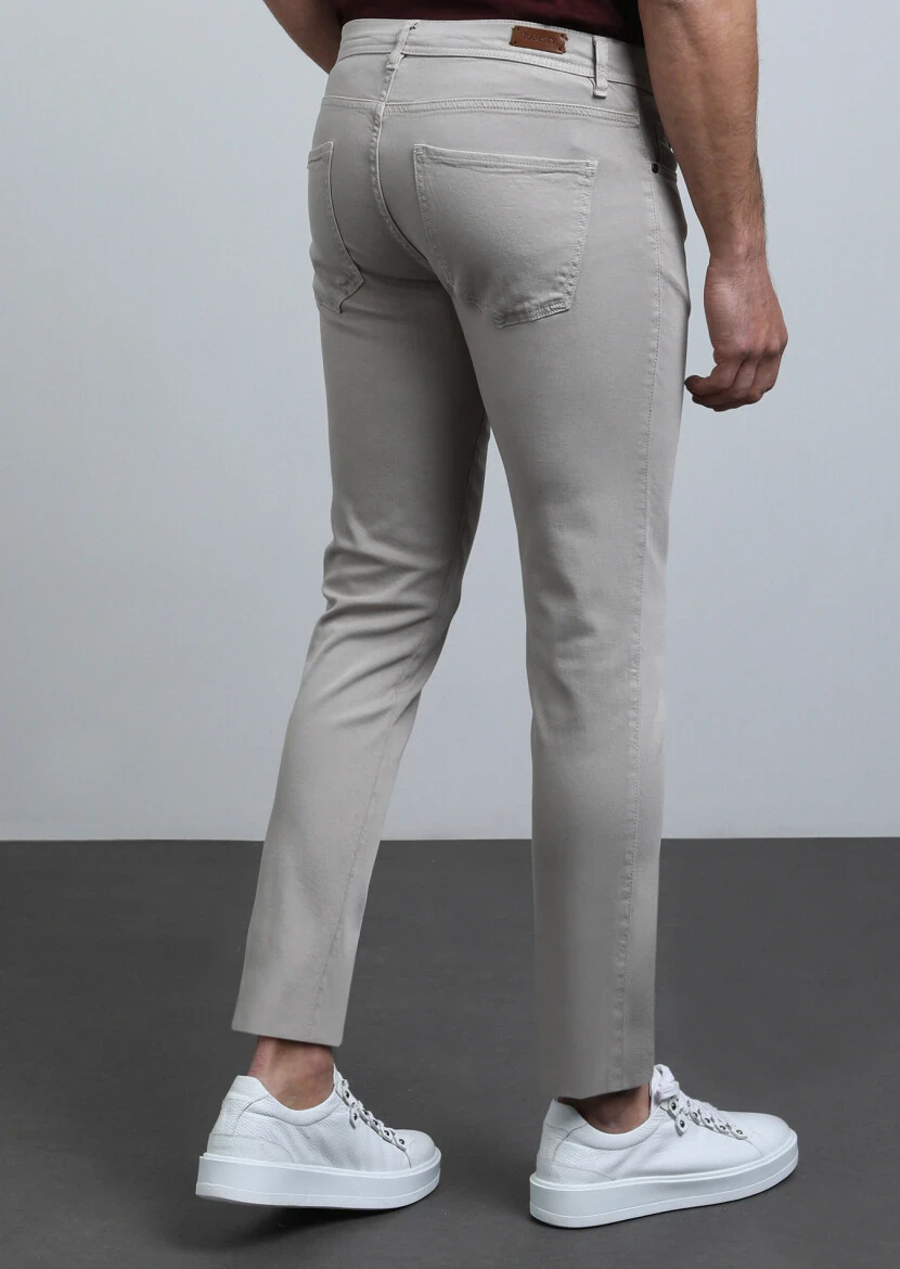 Bej Düz Dokuma Slim Fit Casual Pamuk Karışımlı Pantolon - 5