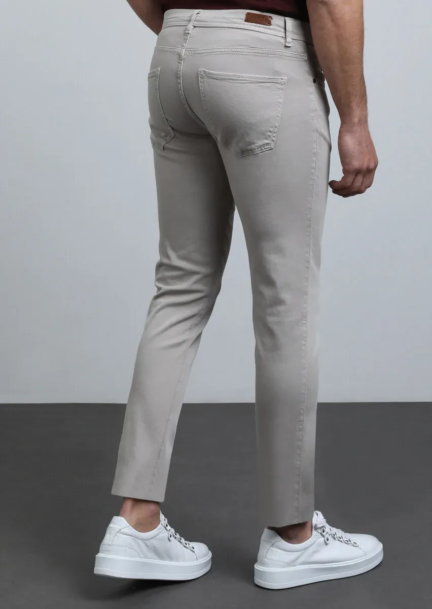 Bej Düz Dokuma Slim Fit Casual Pamuk Karışımlı Pantolon - 5