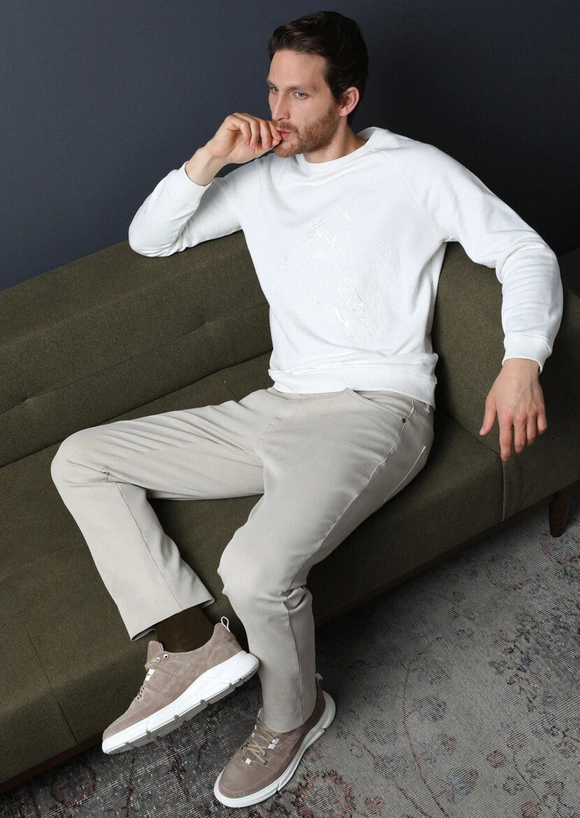 Bej Düz Dokuma Slim Fit Casual Pamuk Karışımlı Pantolon - 1