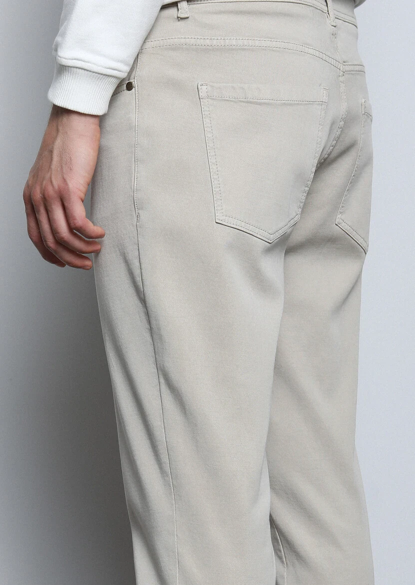 Bej Düz Dokuma Slim Fit Casual Pamuk Karışımlı Pantolon - 5