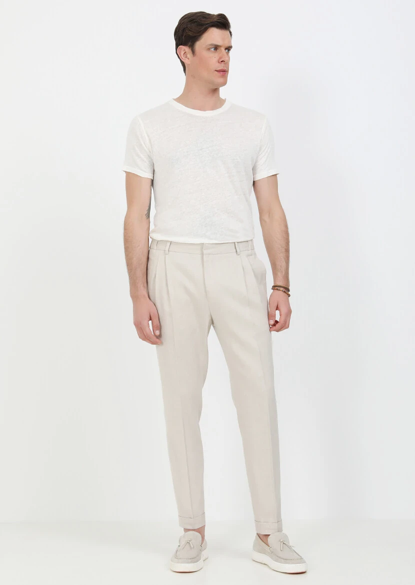 Bej Düz Dokuma Slim Fit Casual Pamuk Karışımlı Pantolon - 1