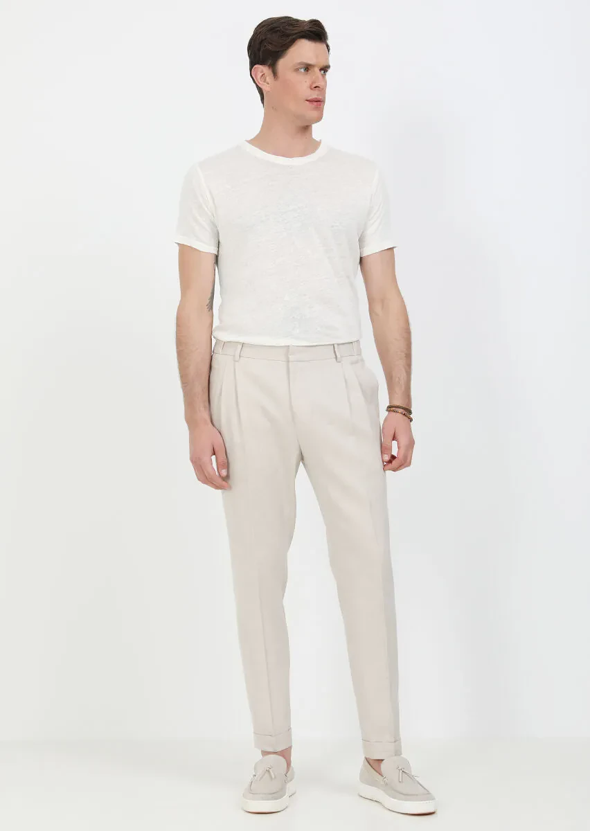 Bej Düz Dokuma Slim Fit Casual Pamuk Karışımlı Pantolon - 1