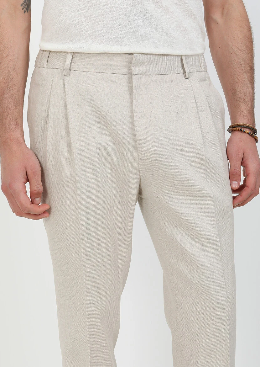 Bej Düz Dokuma Slim Fit Casual Pamuk Karışımlı Pantolon - 2