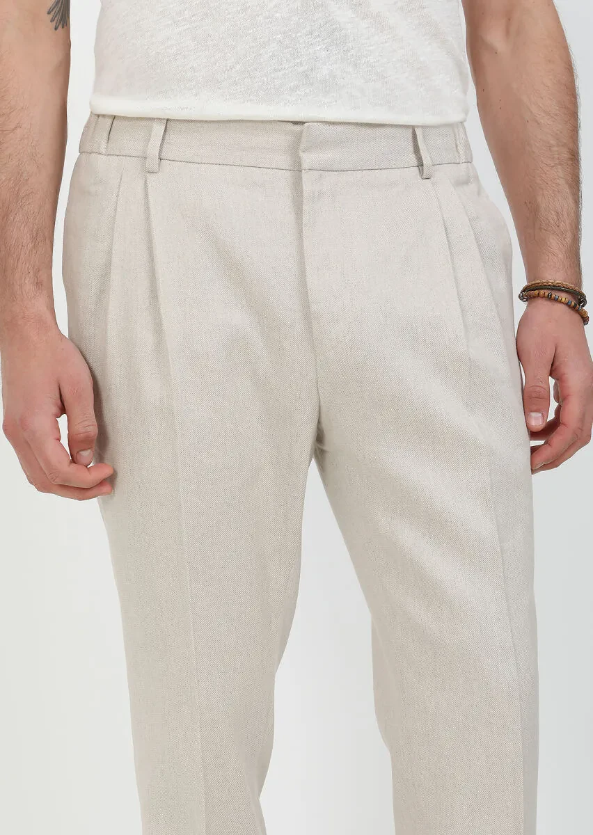 Bej Düz Dokuma Slim Fit Casual Pamuk Karışımlı Pantolon - 2