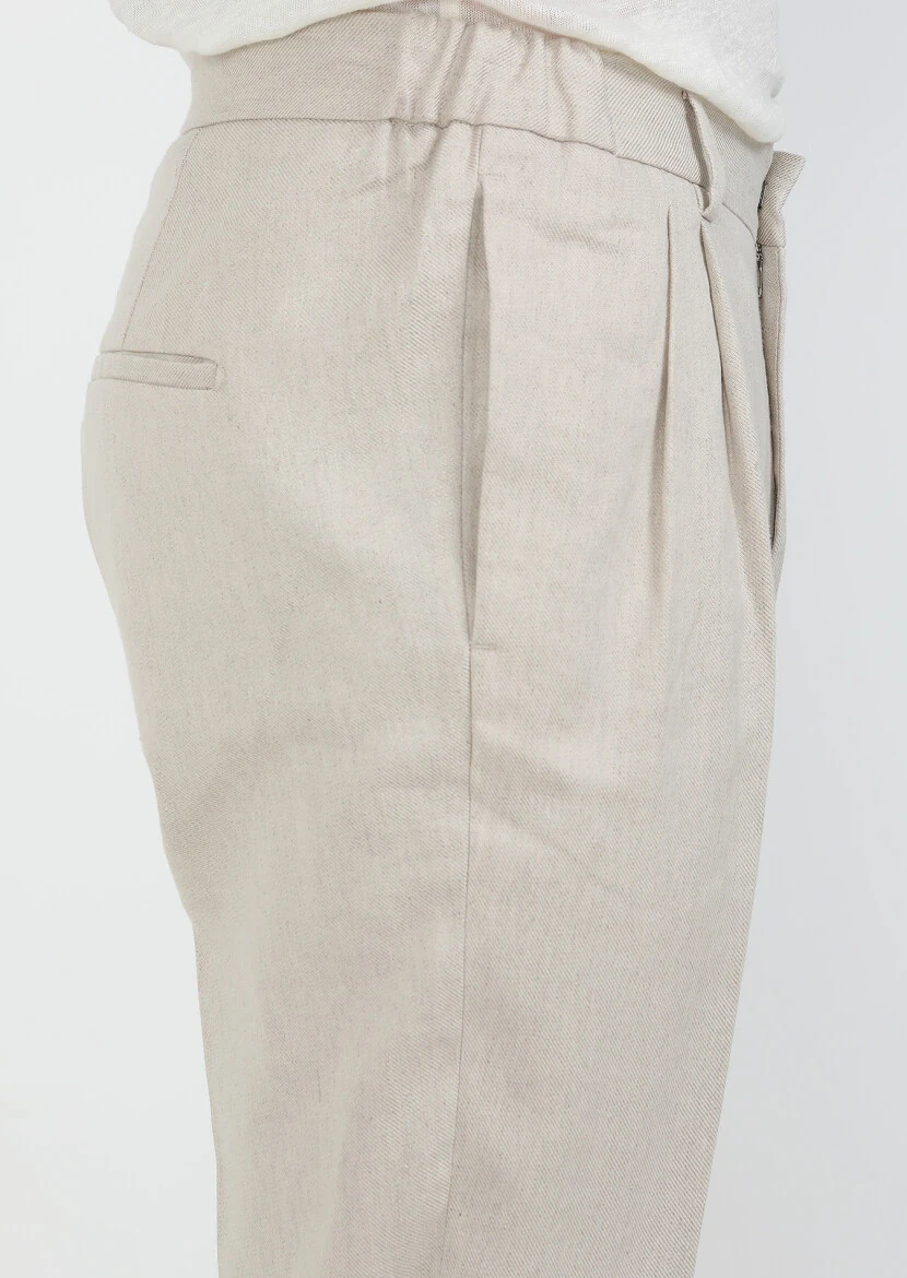 Bej Düz Dokuma Slim Fit Casual Pamuk Karışımlı Pantolon - 3