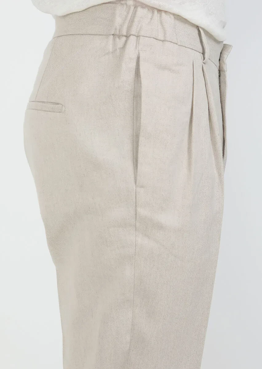 Bej Düz Dokuma Slim Fit Casual Pamuk Karışımlı Pantolon - 3