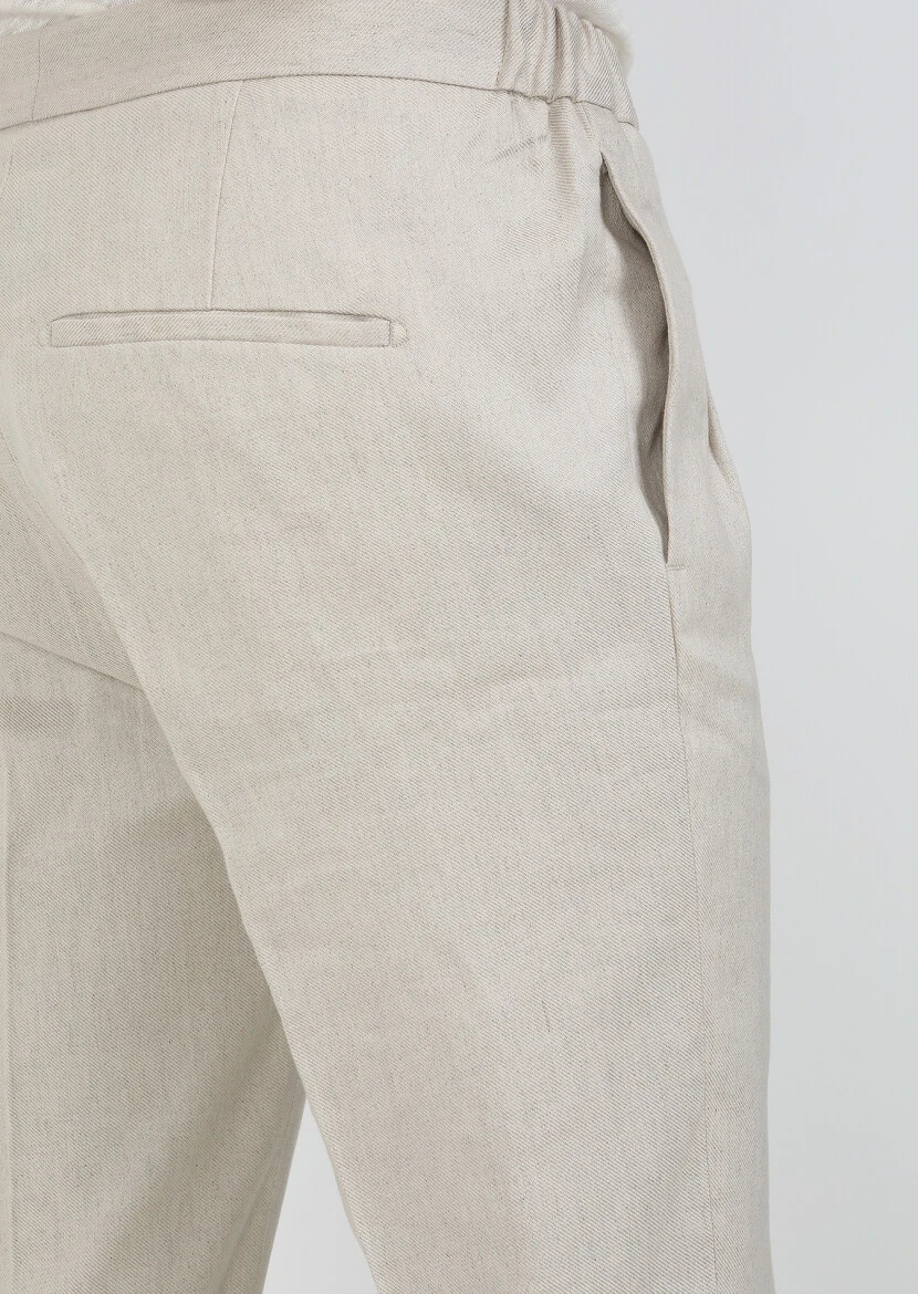 Bej Düz Dokuma Slim Fit Casual Pamuk Karışımlı Pantolon - 4
