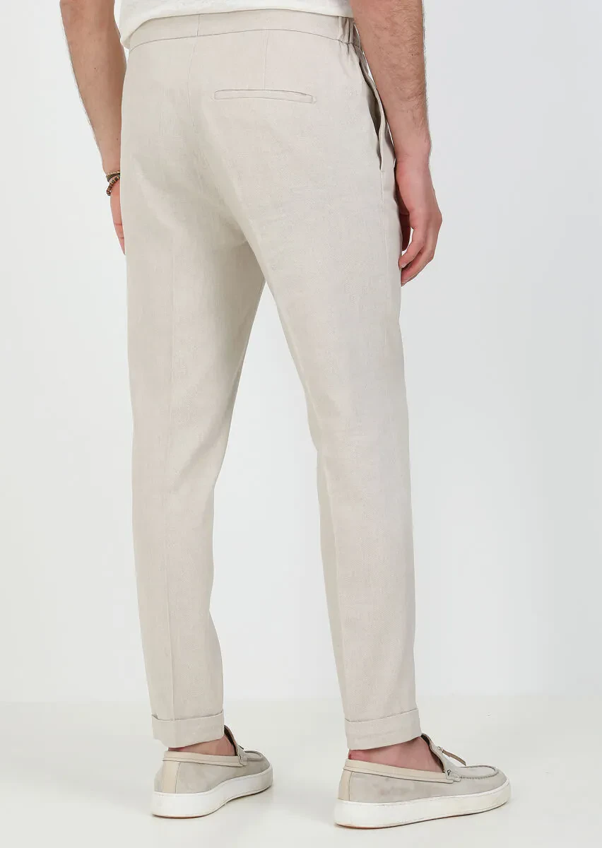 Bej Düz Dokuma Slim Fit Casual Pamuk Karışımlı Pantolon - 5