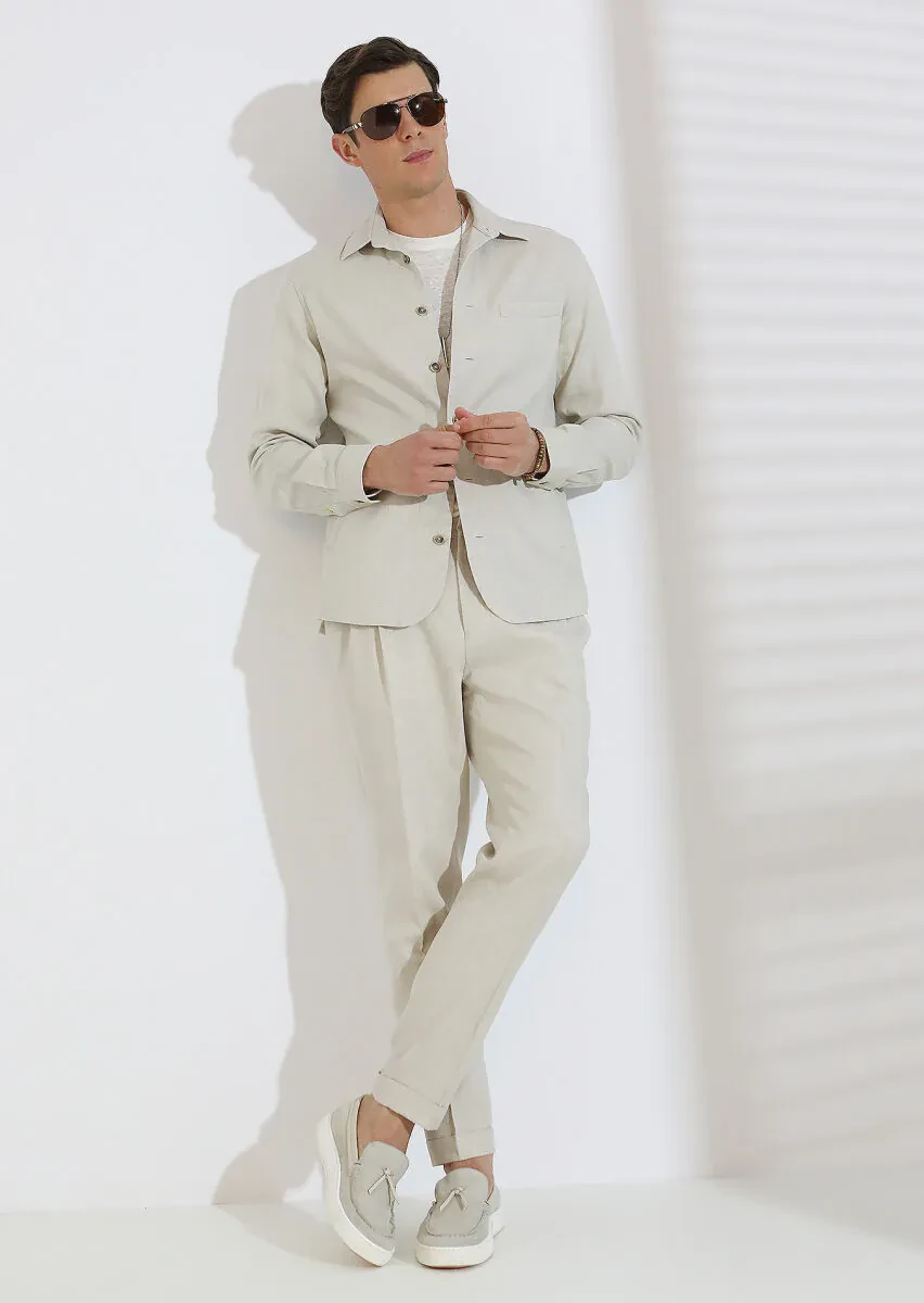 Bej Düz Dokuma Slim Fit Casual Pamuk Karışımlı Pantolon - 6