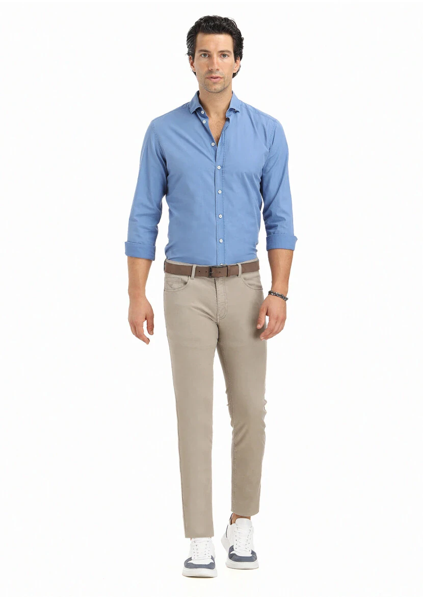 Bej Düz Dokuma Slim Fit Casual Pamuk Karışımlı Pantolon - RAMSEY