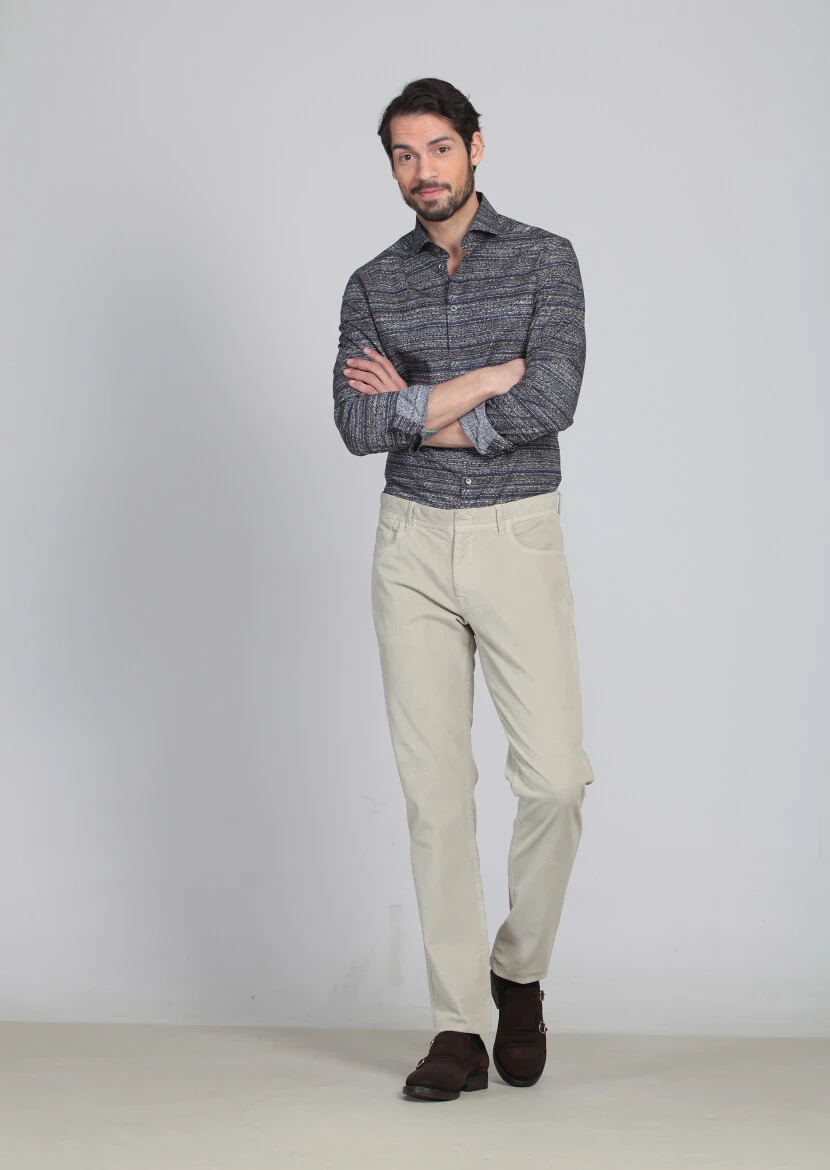 Bej Düz Dokuma Slim Fit Kadife Casual Pamuk Karışımlı Pantolon - 1