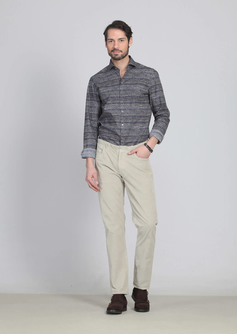 Bej Düz Dokuma Slim Fit Kadife Casual Pamuk Karışımlı Pantolon - 2