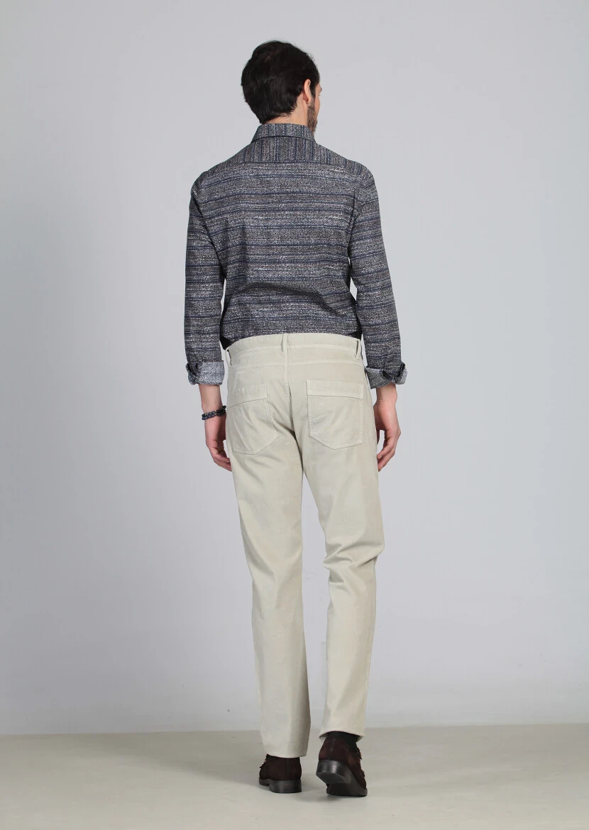 Bej Düz Dokuma Slim Fit Kadife Casual Pamuk Karışımlı Pantolon - 5