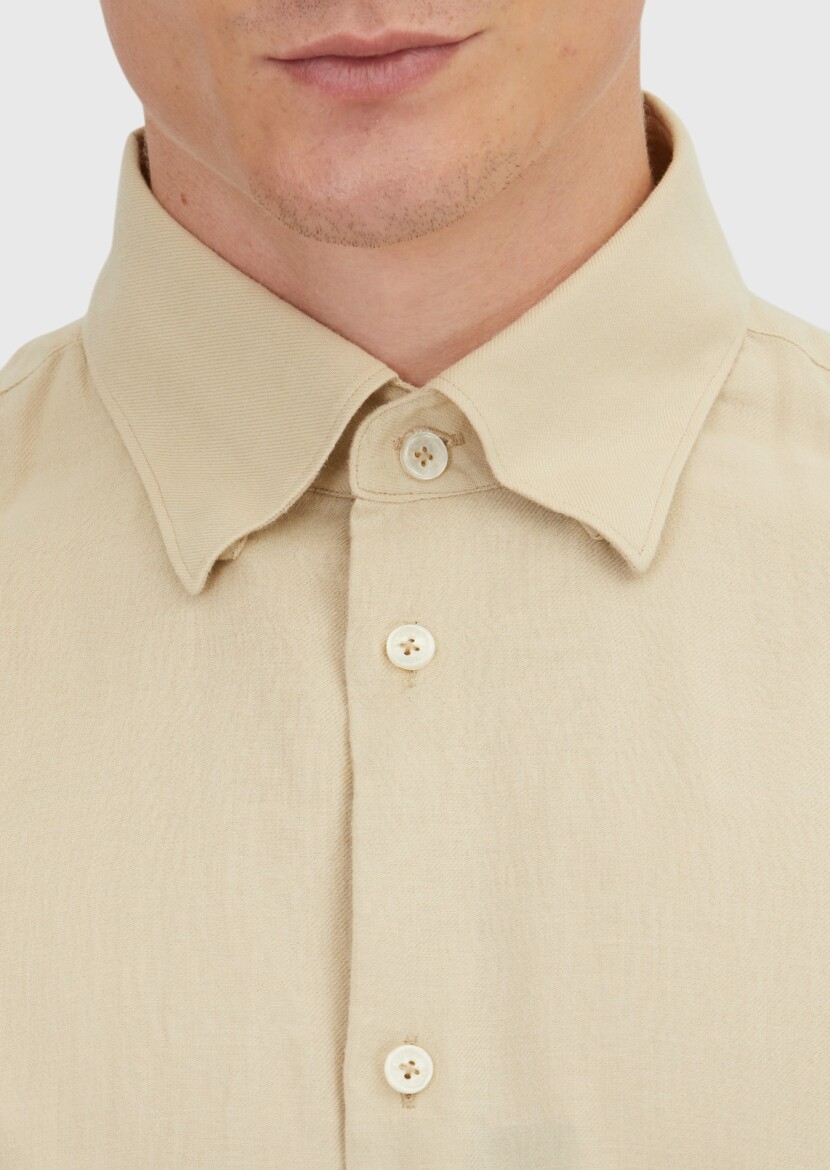 Bej Düz Loose Fit Dokuma Casual Yün Karışımlı Gömlek - 4