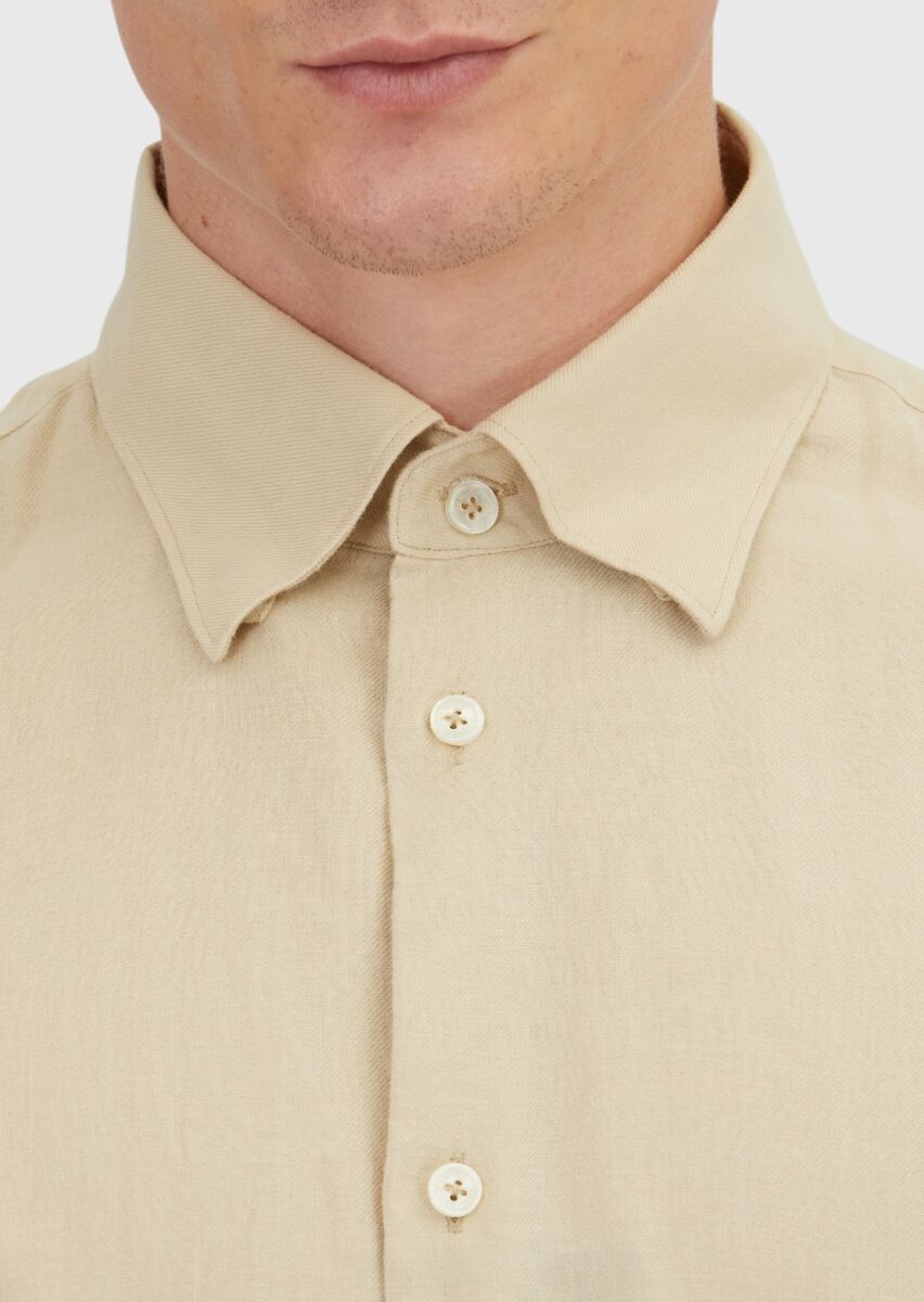 Bej Düz Loose Fit Dokuma Casual Yün Karışımlı Gömlek - 4