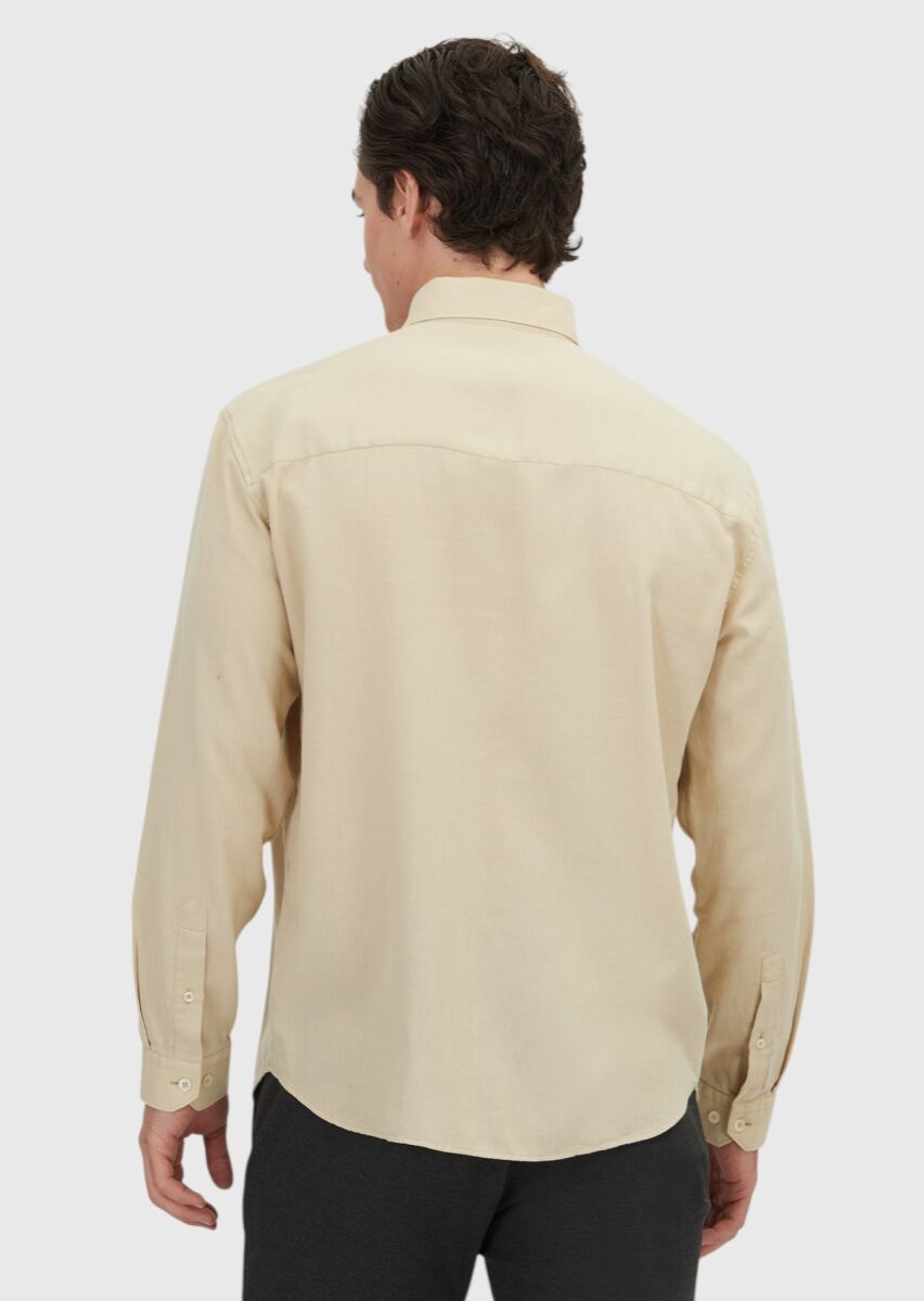 Bej Düz Loose Fit Dokuma Casual Yün Karışımlı Gömlek - 5