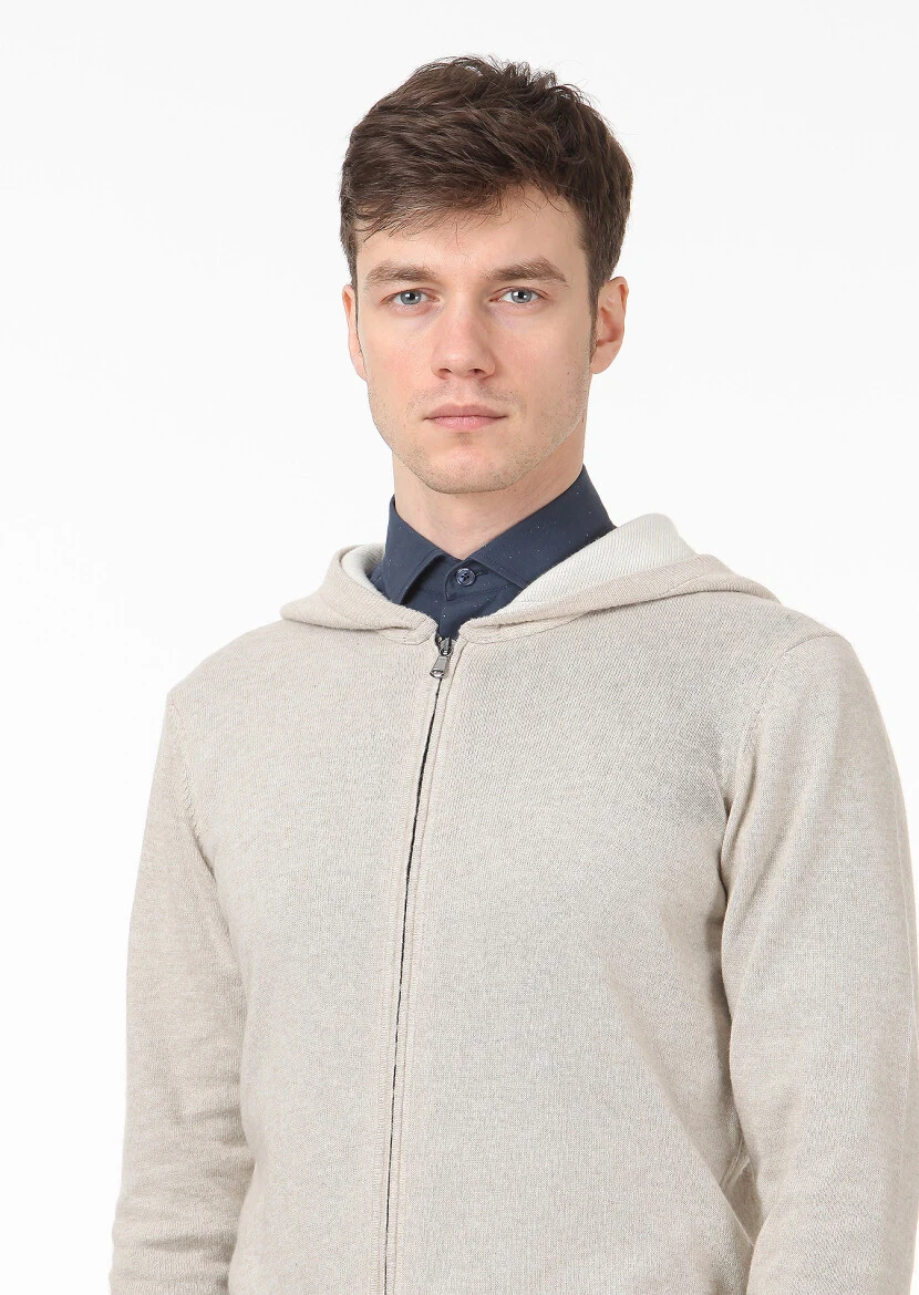 Bej Düz Örgü Yün Karışımlı Hırka - 2