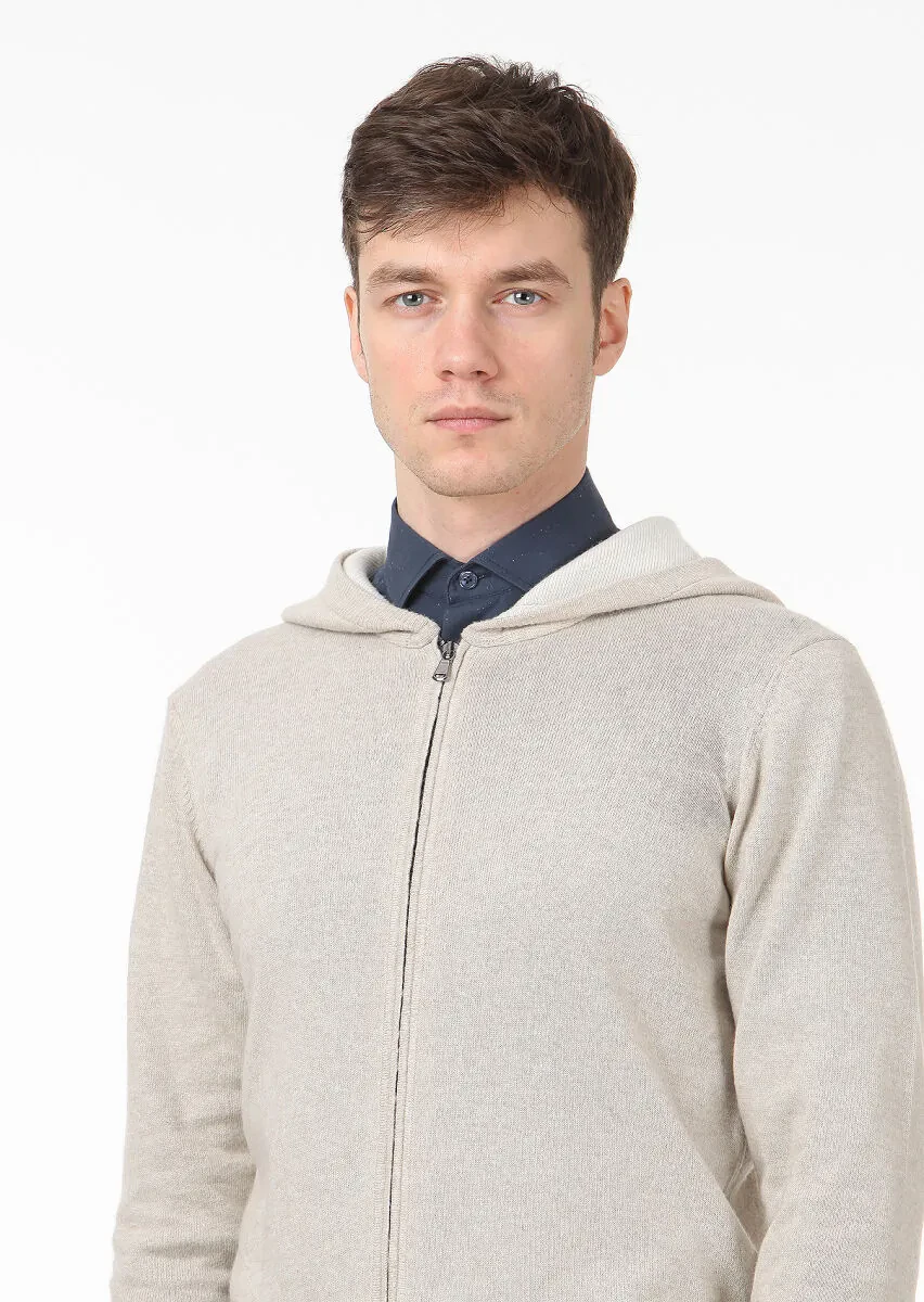 Bej Düz Örgü Yün Karışımlı Hırka - 2