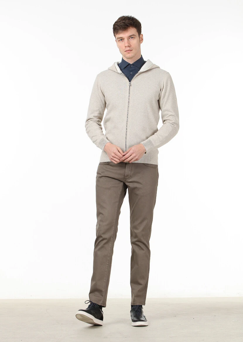 Bej Düz Örgü Yün Karışımlı Hırka - 3