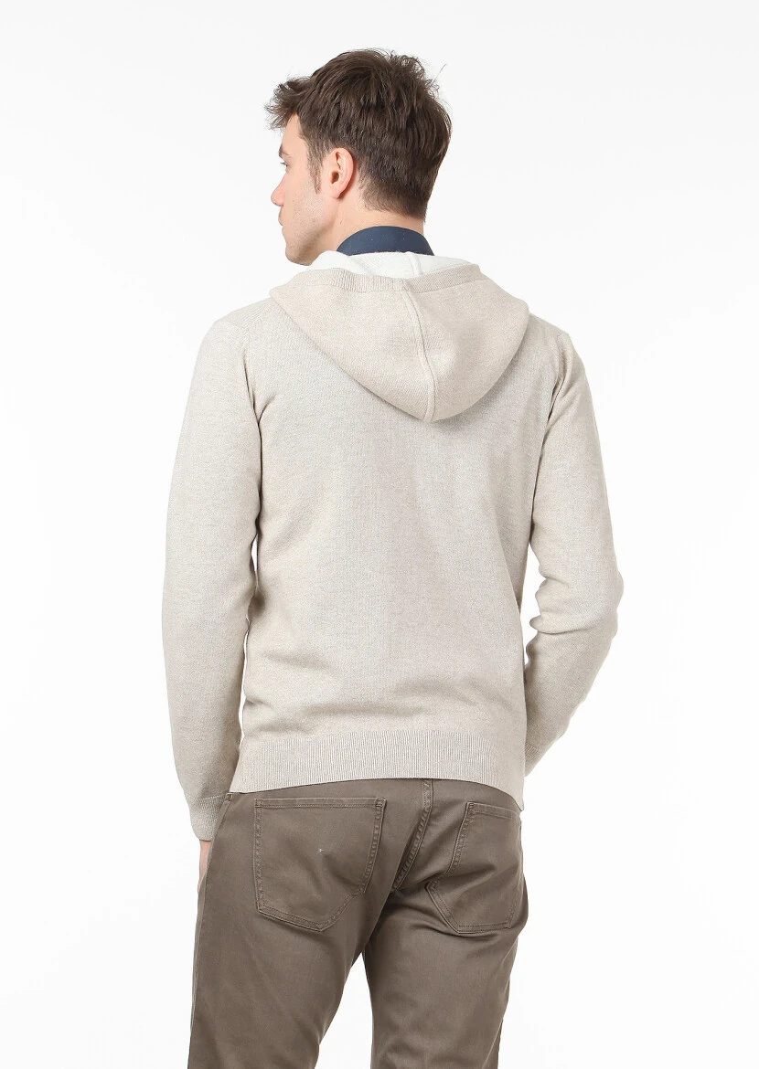 Bej Düz Örgü Yün Karışımlı Hırka - 4