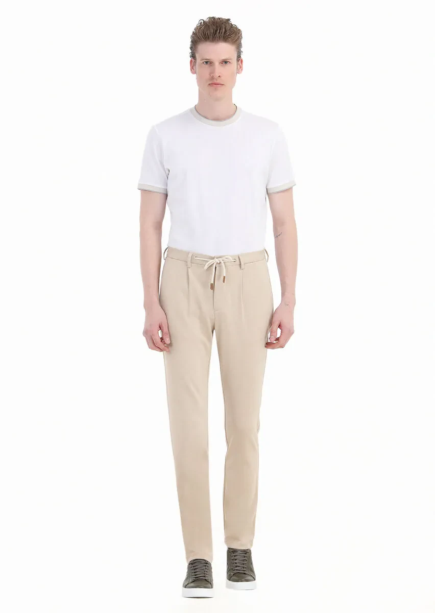 Bej Düz Örme Jogging Fit Casual Pamuk Karışımlı Pantolon - 1