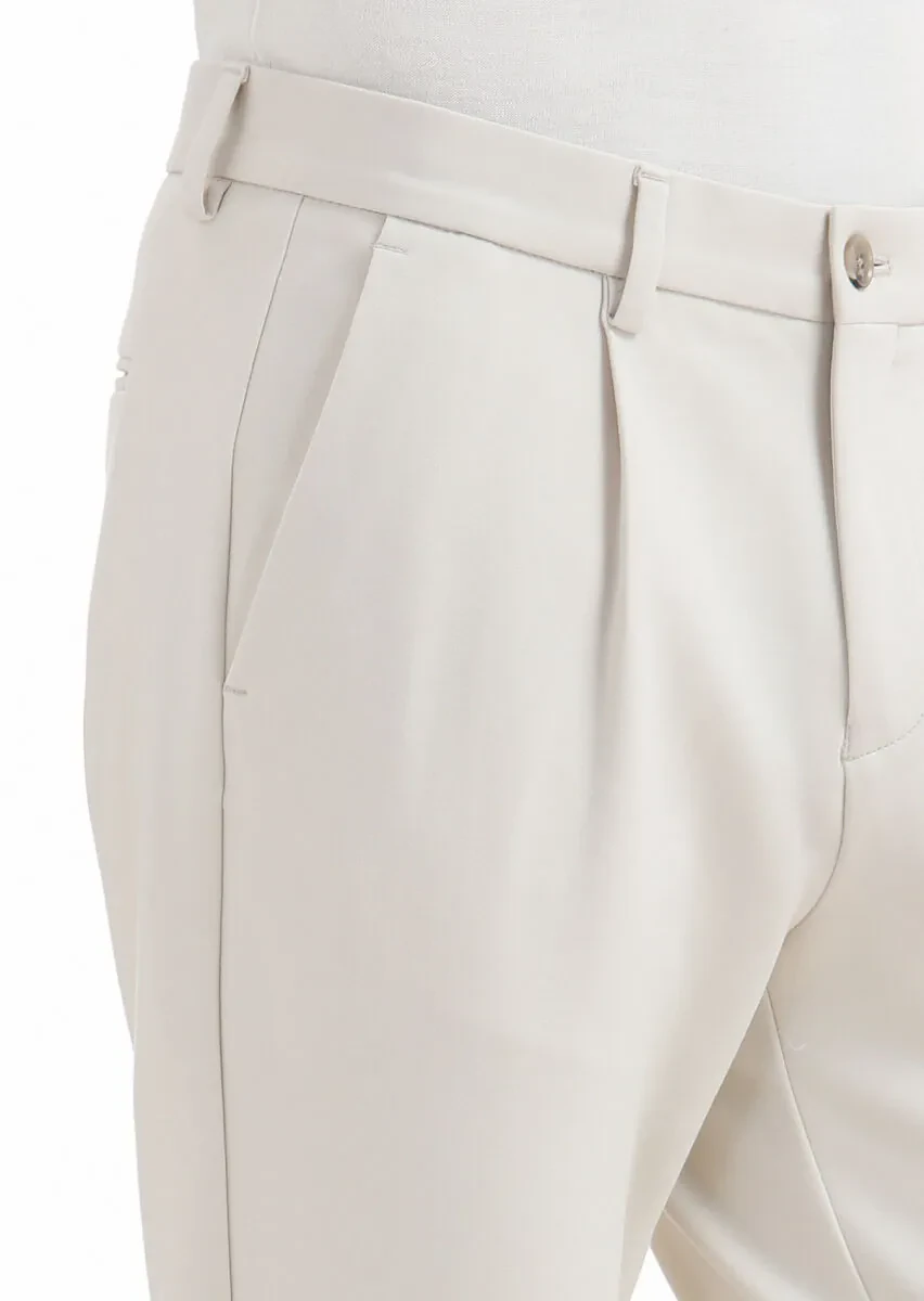 Bej Düz Örme Regular Fit Casual Pantolon - 4