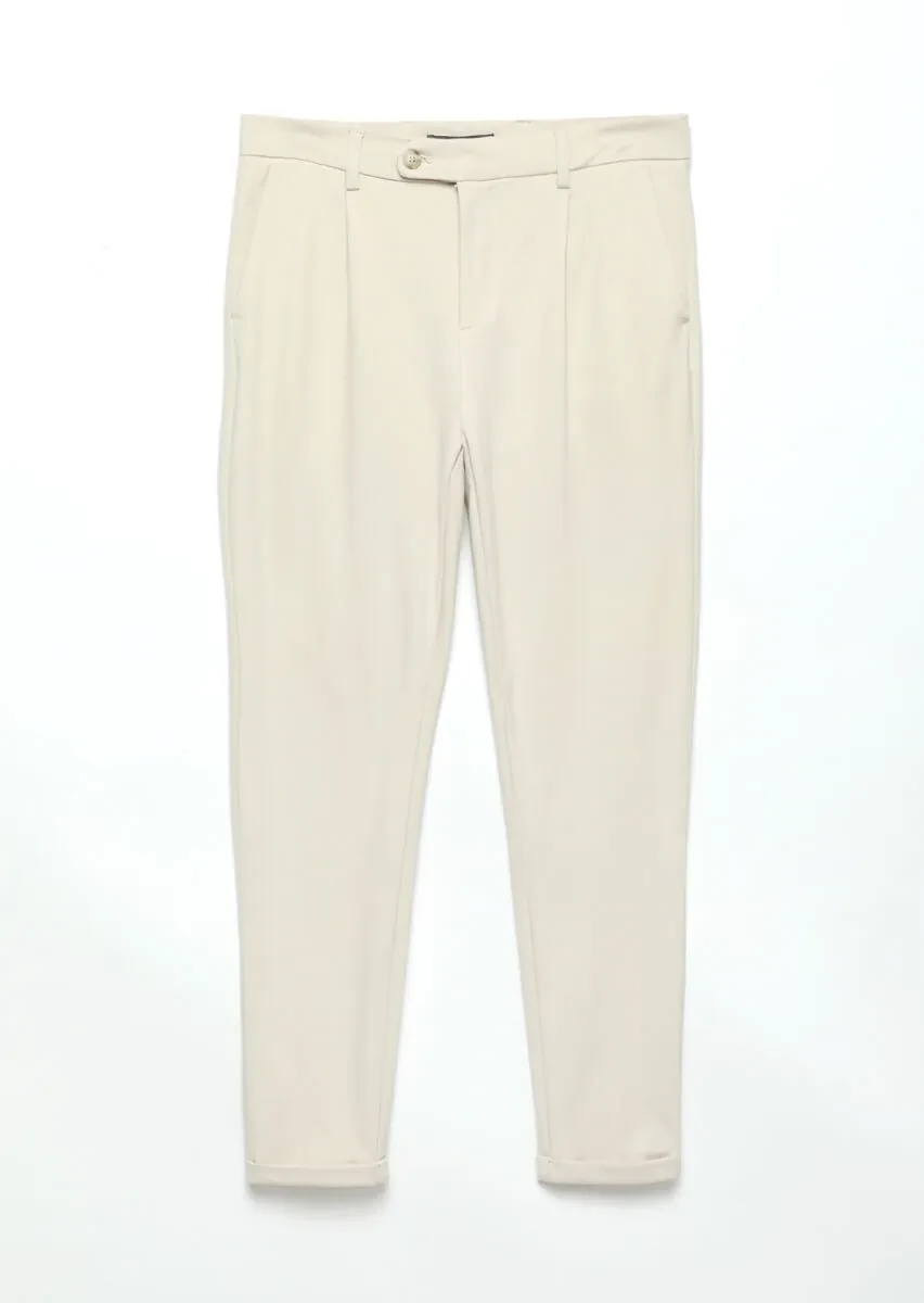 Bej Düz Örme Regular Fit Casual Pantolon - 5