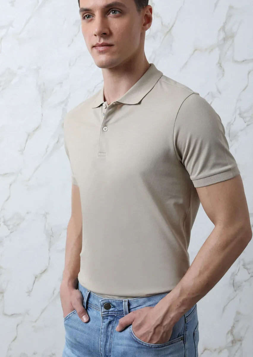 Bej Düz Polo Yaka %100 Pamuk T-Shirt - 1