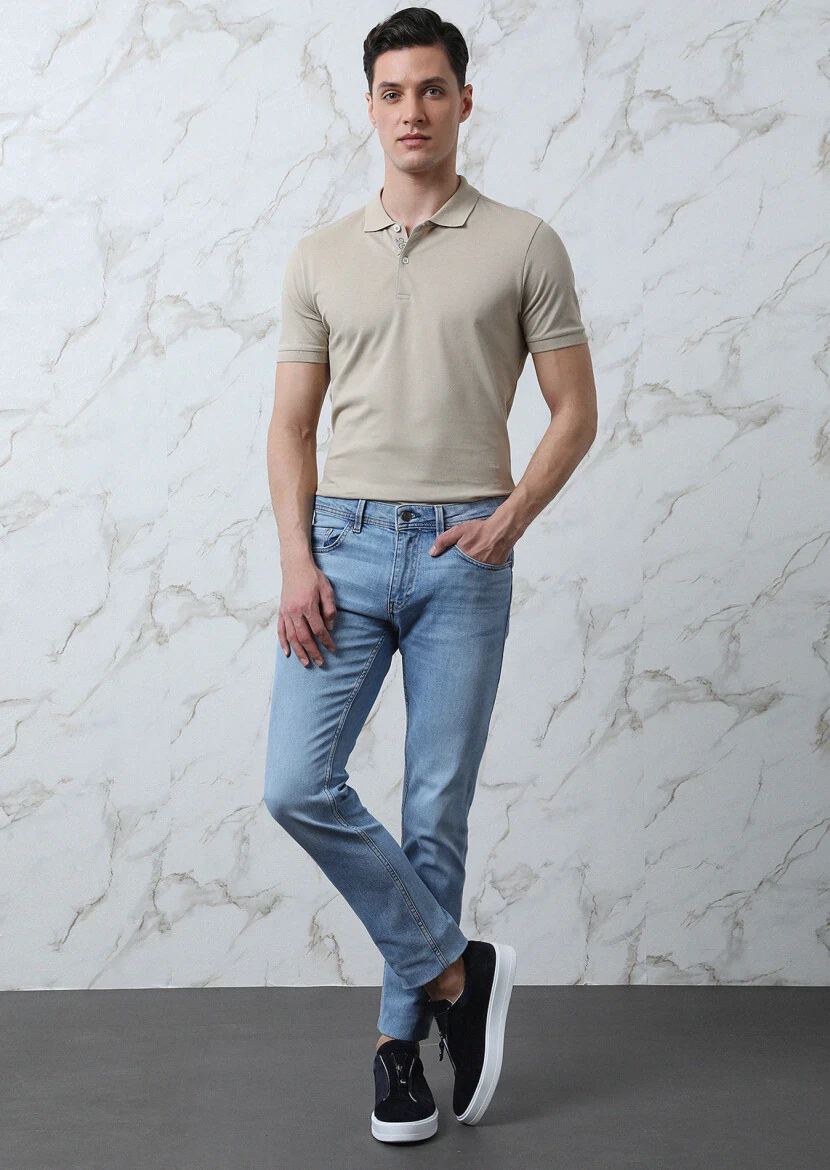 Bej Düz Polo Yaka %100 Pamuk T-Shirt 