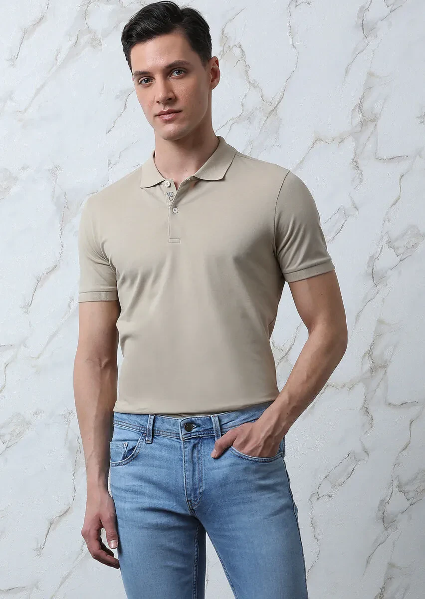 Bej Düz Polo Yaka %100 Pamuk T-Shirt - 4