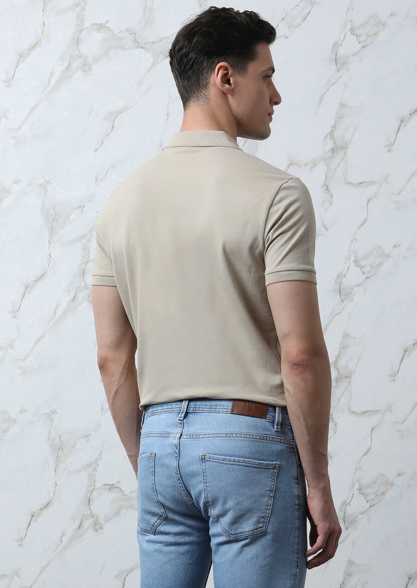 Bej Düz Polo Yaka %100 Pamuk T-Shirt - 5