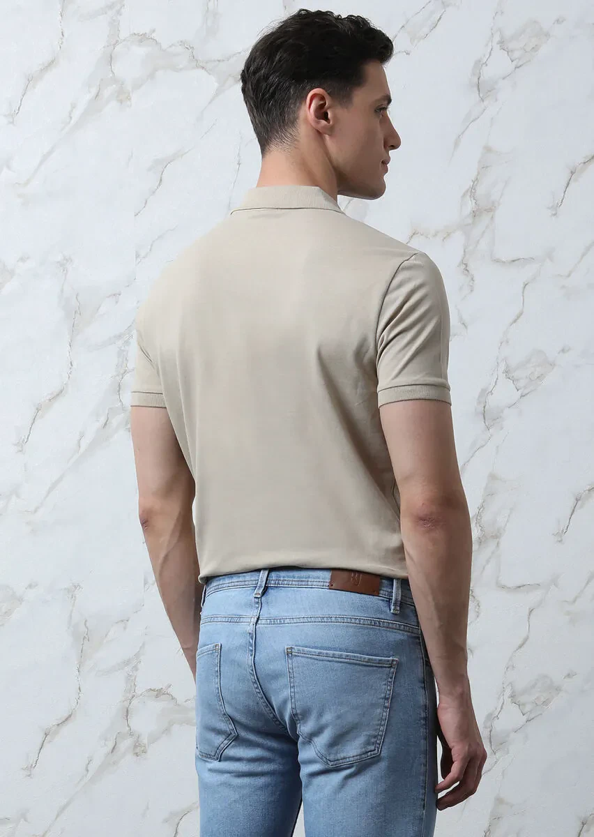 Bej Düz Polo Yaka %100 Pamuk T-Shirt - 5