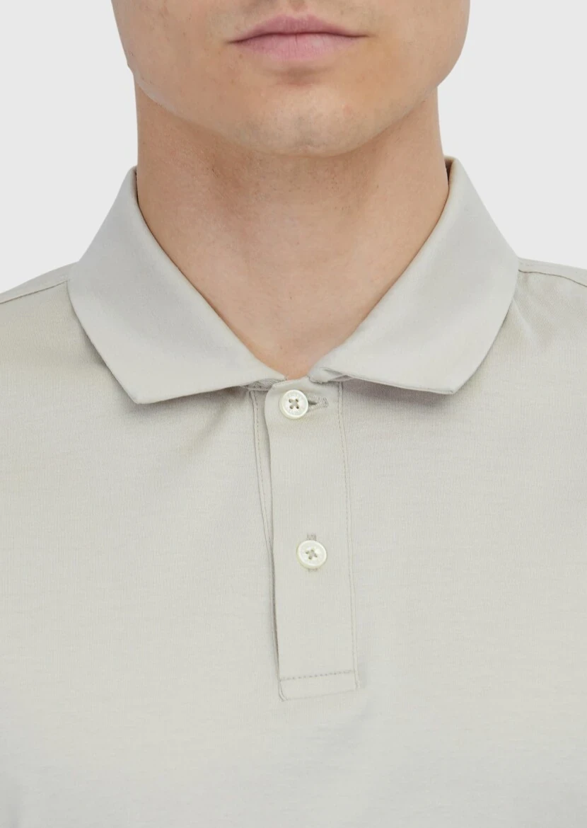 Bej Düz Polo Yaka %100 Pamuk T-Shirt - 4