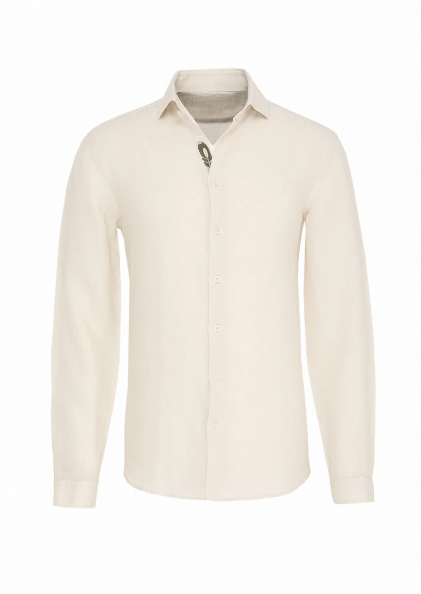 Bej Düz Regular Fit Dokuma Casual %100 Keten Gömlek - 1