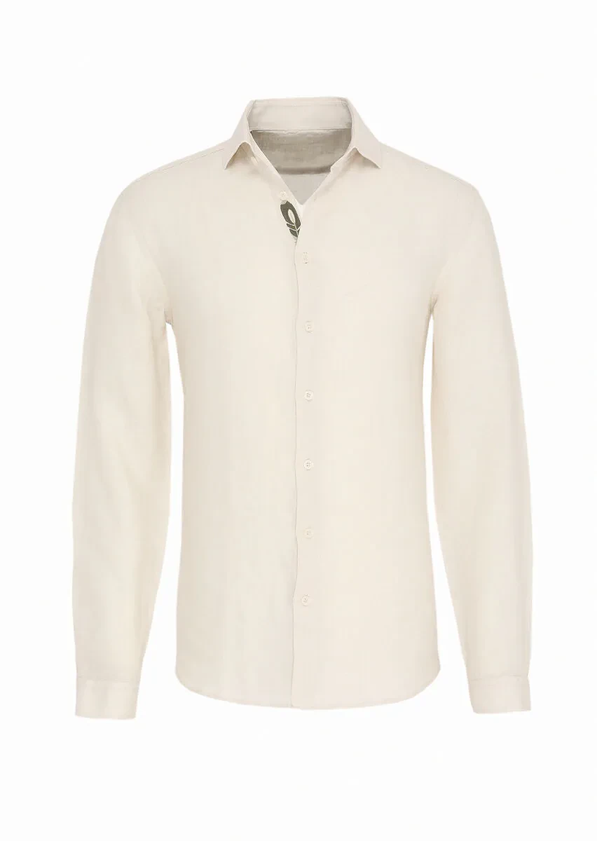 Bej Düz Regular Fit Dokuma Casual %100 Keten Gömlek - 1