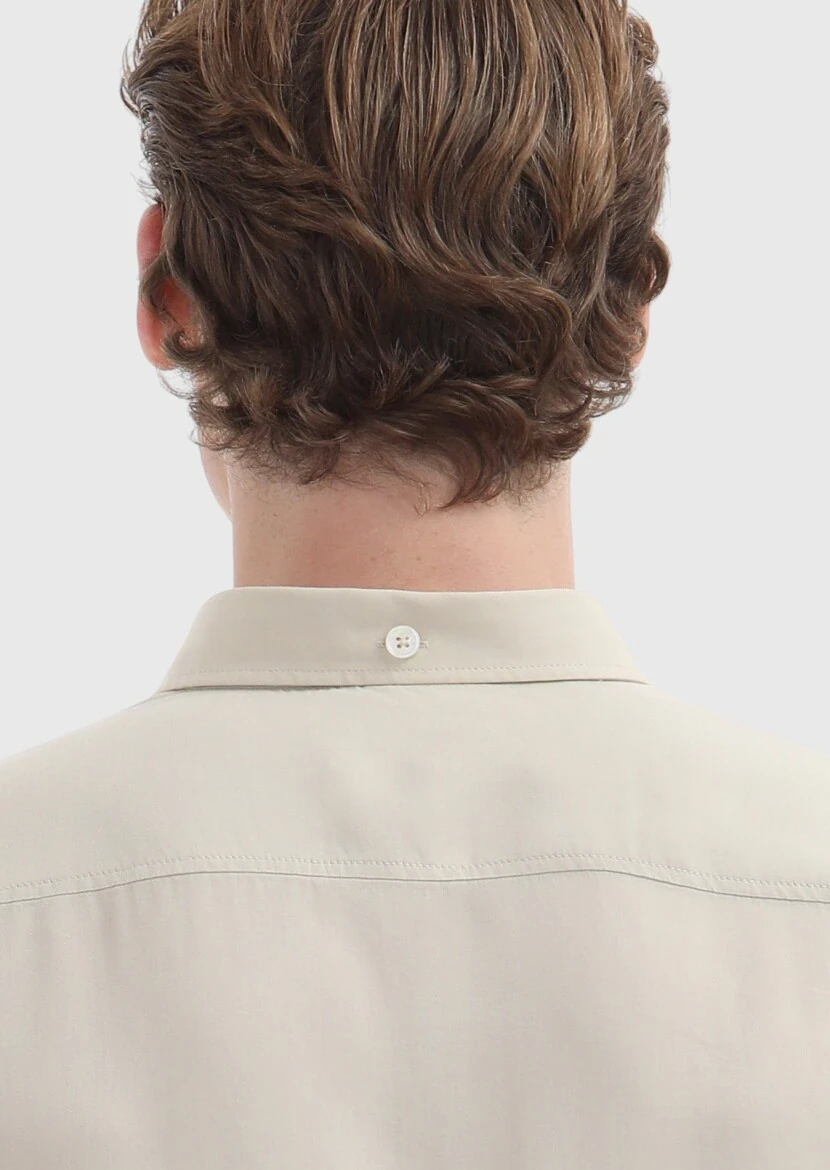 Bej Düz Regular Fit Dokuma Casual Gömlek - 4