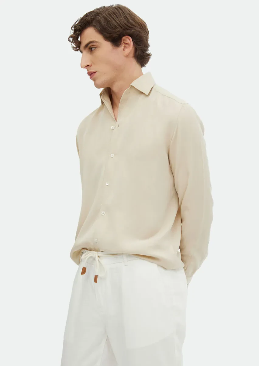 Bej Düz Regular Fit Dokuma Casual Gömlek - 3