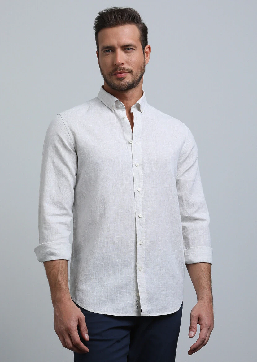 Bej Düz Regular Fit Dokuma Casual Pamuk Karışımlı Gömlek - 3