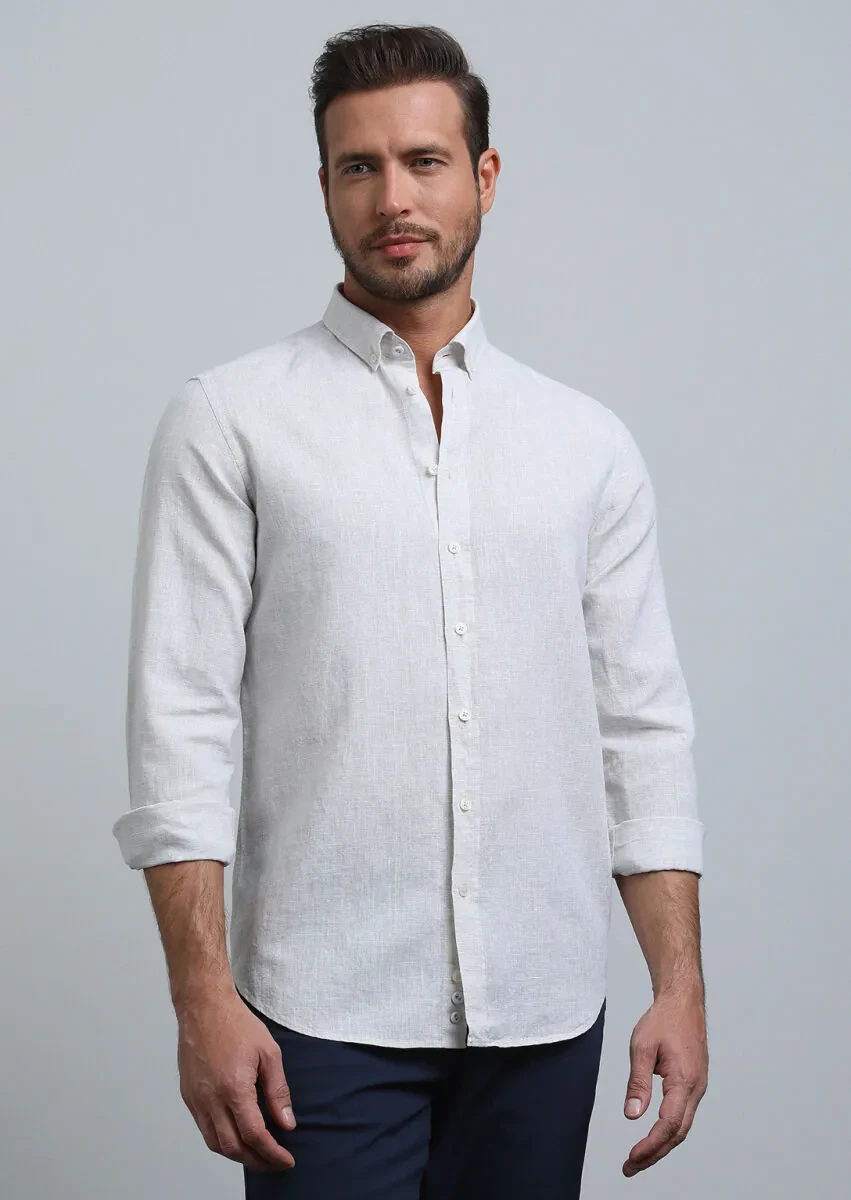 Bej Düz Regular Fit Dokuma Casual Pamuk Karışımlı Gömlek - 3