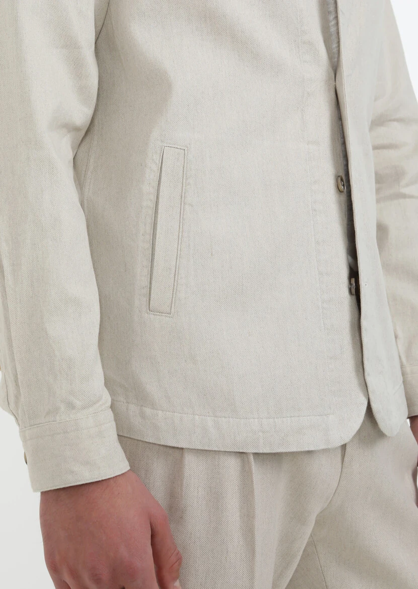 Bej Düz Regular Fit Dokuma Pamuk Karışımlı Overshırt - 5