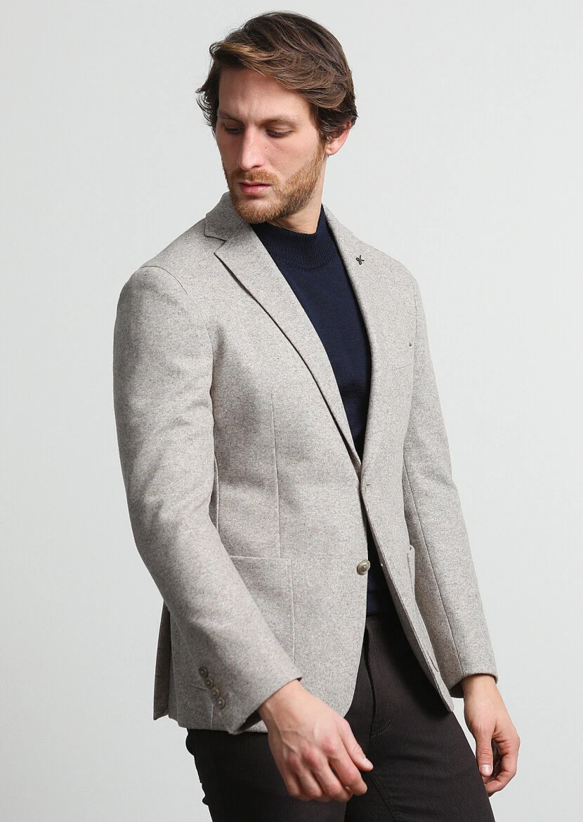 Bej Düz Shirt Shoulder Slim Fit Yün Karışımlı Örme Ceket - 1