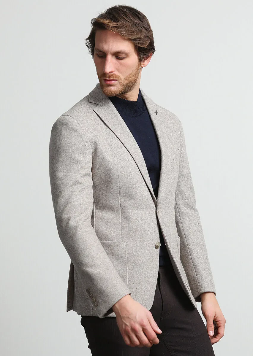 Bej Düz Shirt Shoulder Slim Fit Yün Karışımlı Örme Ceket - 1