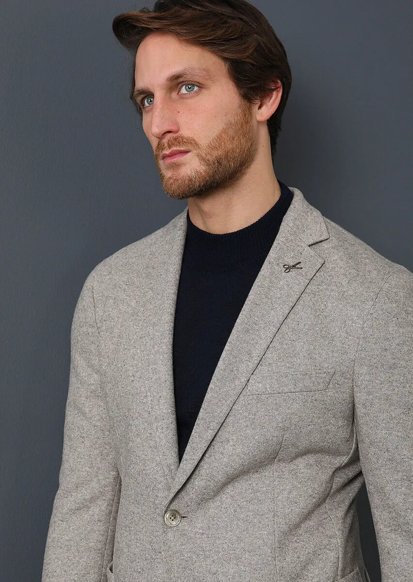 Bej Düz Shirt Shoulder Slim Fit Yün Karışımlı Örme Ceket - 2