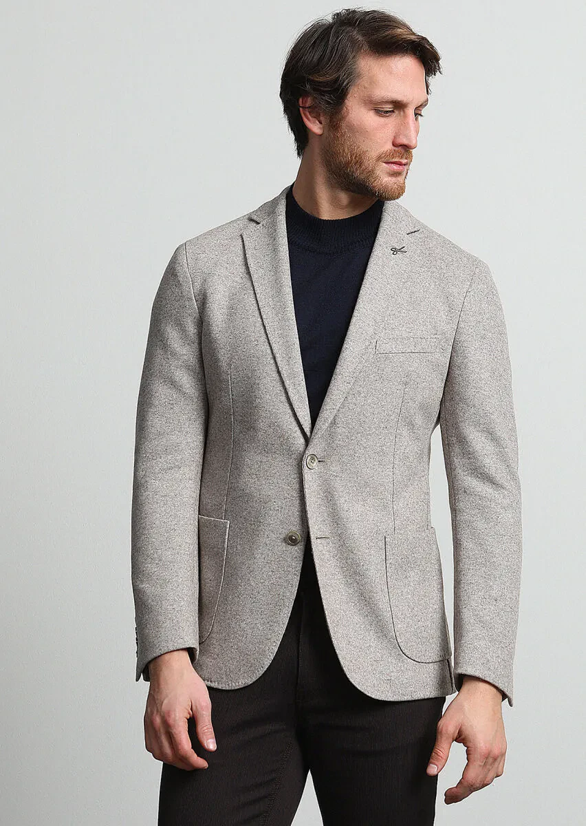 Bej Düz Shirt Shoulder Slim Fit Yün Karışımlı Örme Ceket - 3