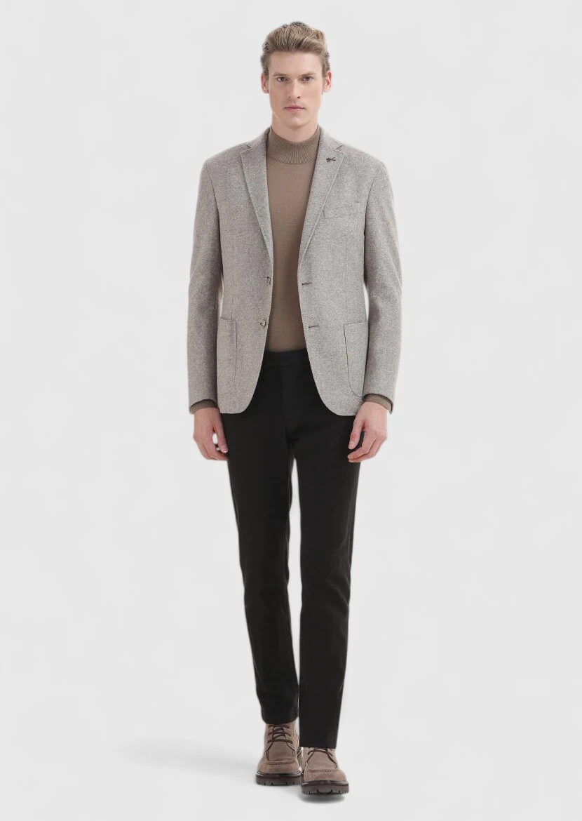 Bej Düz Shirt Shoulder Slim Fit Yün Karışımlı Örme Ceket - 1