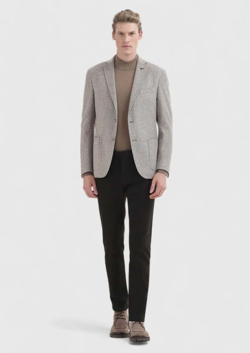 Bej Düz Shirt Shoulder Slim Fit Yün Karışımlı Örme Ceket - 1