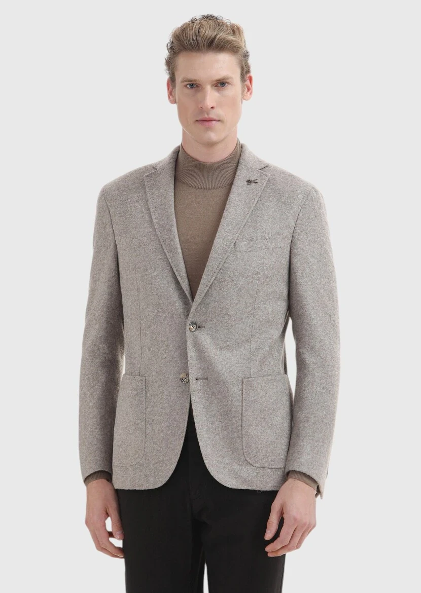 Bej Düz Shirt Shoulder Slim Fit Yün Karışımlı Örme Ceket - 2
