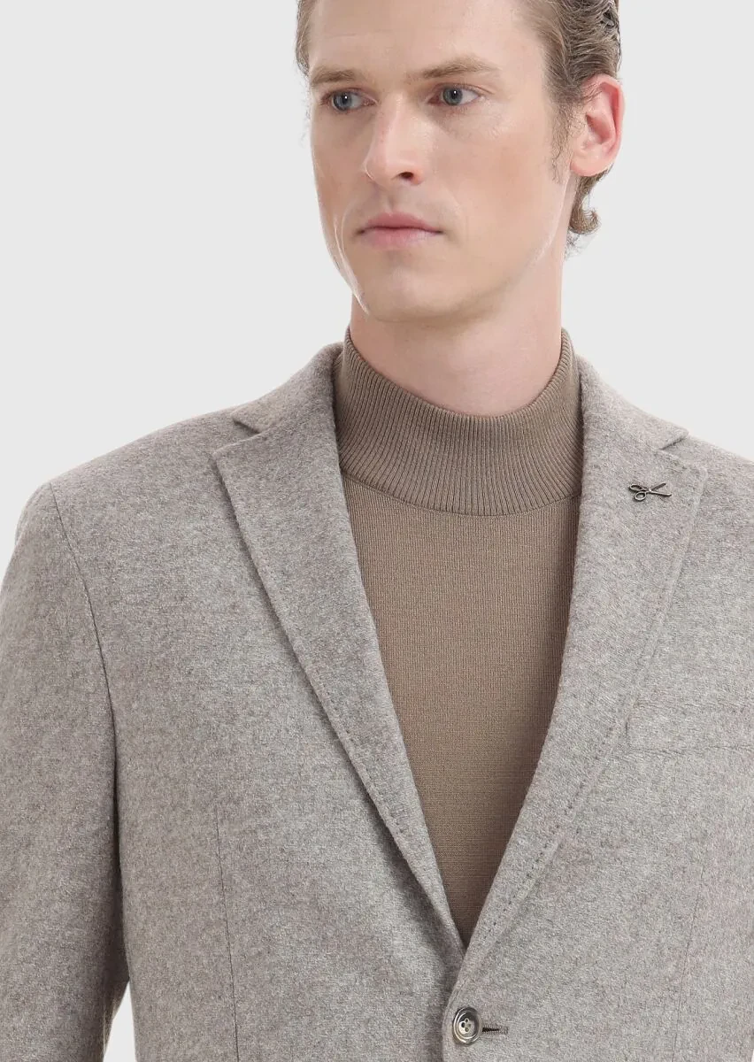 Bej Düz Shirt Shoulder Slim Fit Yün Karışımlı Örme Ceket - 3