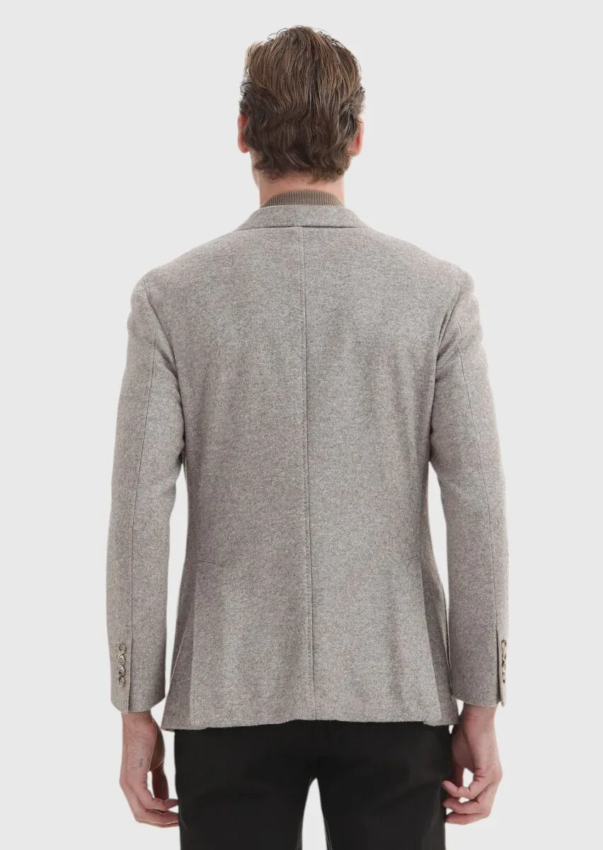 Bej Düz Shirt Shoulder Slim Fit Yün Karışımlı Örme Ceket - 5